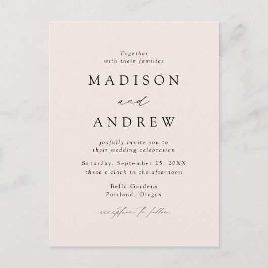 Moderne, elegante Cream Wedding Einladungspostkarte (Vorderseite)