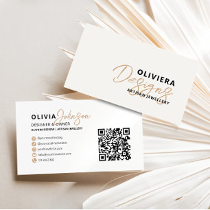 Moderne elegante Creme + gelbe Typografie QR Code Visitenkarte