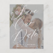 Moderne, elegante Drehbuch-Foto Hochzeit speichern Ankündigungspostkarte (Vorderseite)