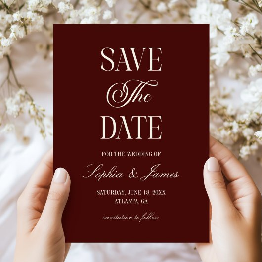 Moderne elegante dunkle Burgunder-Hochzeit mit Elf Save The Date