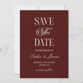 Moderne elegante dunkle Burgunder-Hochzeit mit Elf Save The Date (Vorderseite)