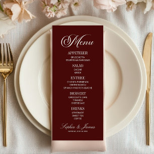 Moderne elegante dunkle Burgunderhochzeit Menükarte