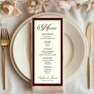 Moderne elegante dunkle Burgunderhochzeit Menükarte
