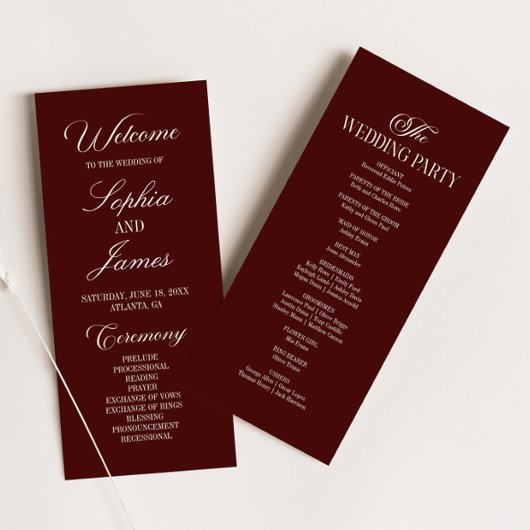 Moderne elegante dunkle Burgunderhochzeit Programm