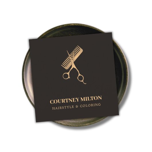 Moderne, elegante dunkle Imitate Goldschere Comb Quadratische Visitenkarte