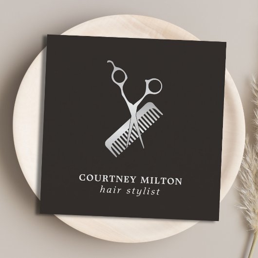 Moderne elegante dunkle Imitate Silberschere Comb Quadratische Visitenkarte