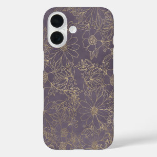 Moderne elegante dunkle Lavendel-Schick-Gold-Blume iPhone 16 Hülle