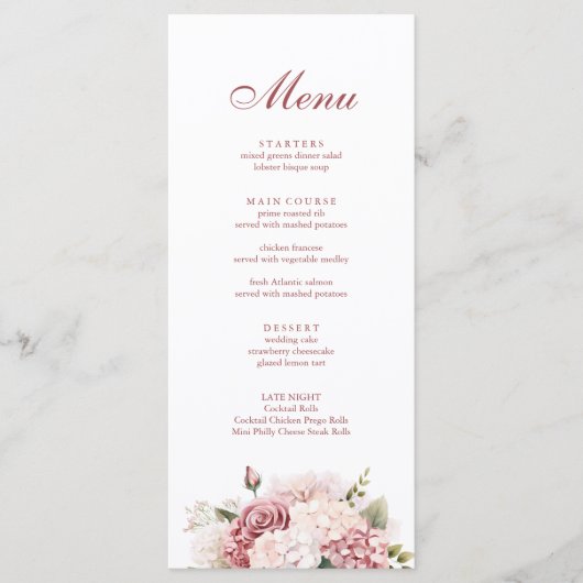 Moderne elegante Dusty Rose Hydrangea Wedding Menükarte (Vorderseite)