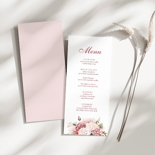 Moderne elegante Dusty Rose Hydrangea Wedding Menükarte