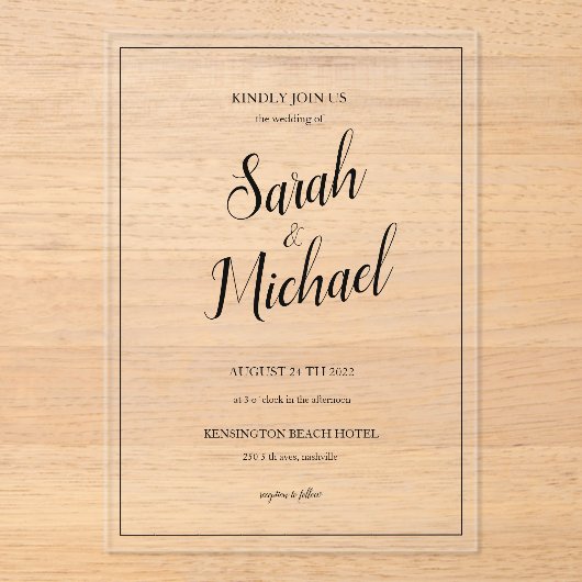 Moderne Elegante einfache Hochzeit Acryleinladungen (Vorderseite)