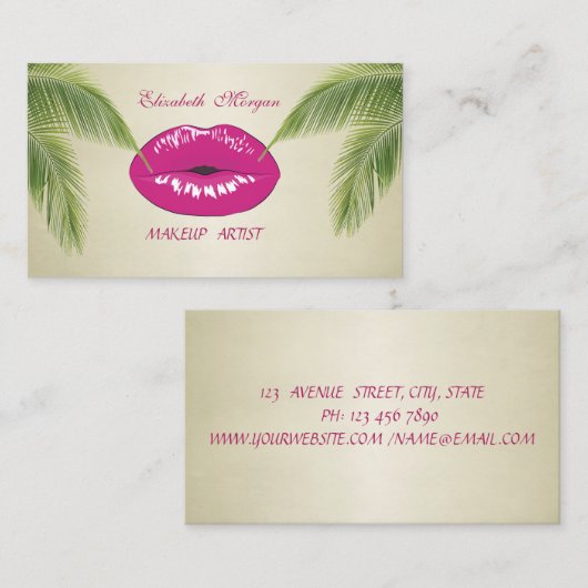 Moderne Elegante Eleganz, Palm-Blätter, Lippen Visitenkarte (Vorne/Hinten)