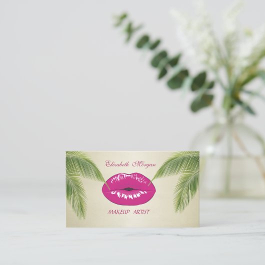 Moderne Elegante Eleganz, Palm-Blätter, Lippen Visitenkarte (Stehend Vorderseite)