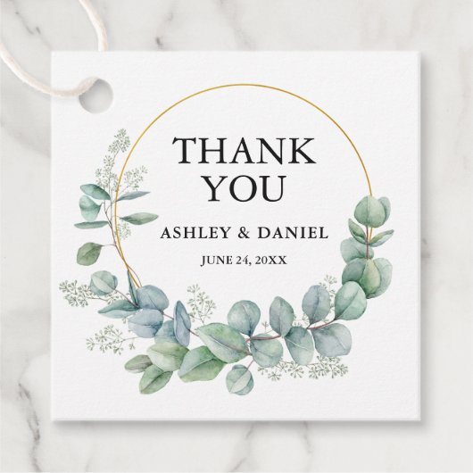 Moderne elegante Eucalyptus Gold Wedding Vielen Da Geschenkanhänger (Vorderseite)