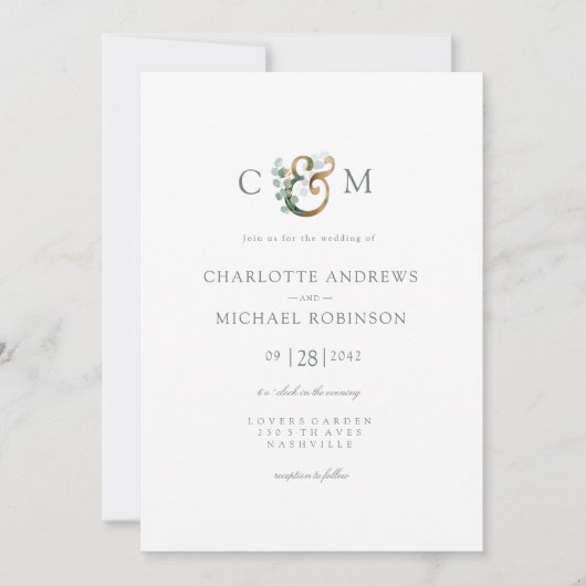 Moderne Elegante Eukalyptus Ampersand Hochzeit Einladung (Vorderseite)