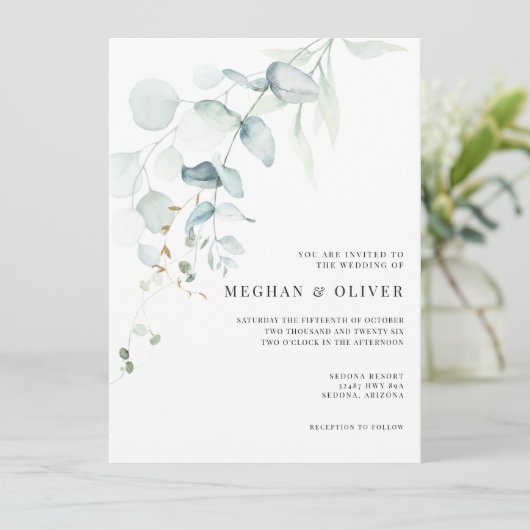 Moderne Elegante Eukalyptus Grüne Einladung (Stehend Vorderseite)