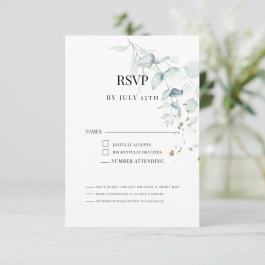 Moderne Elegante Eukalyptus Grüne Speisekarte RSVP Karte (Stehend Vorderseite)
