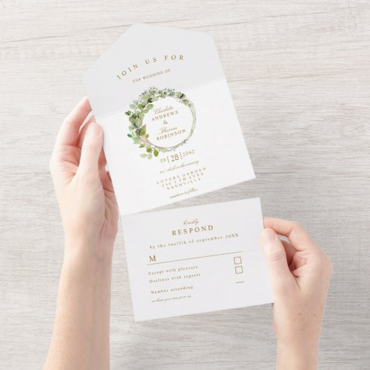 Moderne, elegante Eukalyptus-Hochzeit All In One Einladung (Abreißen)