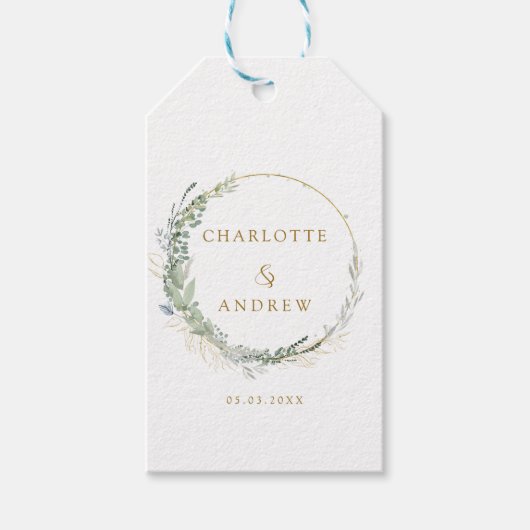 Moderne, elegante Eukalyptus-Hochzeitstitel Geschenkanhänger (Vorderseite)