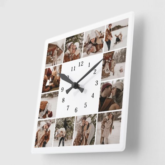 Moderne Elegante Familie 12 Foto Collage Keepake Quadratische Wanduhr (Winkel)