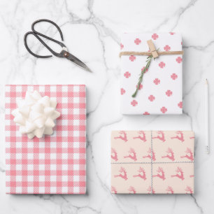 Moderne Elegante festliche Rosa Clover Deer Gingha Geschenkpapier Set