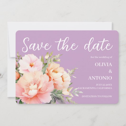 Moderne Elegante Flora Wasserfarben Peony Lilac Save The Date (Vorderseite)