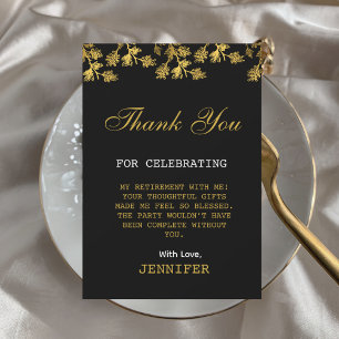 Moderne elegante Floral Gold Schwarze Ruhestandsfe Dankeskarte