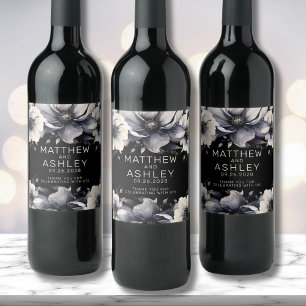 Moderne elegante florale schwarze weiße Hochzeit Weinetikett