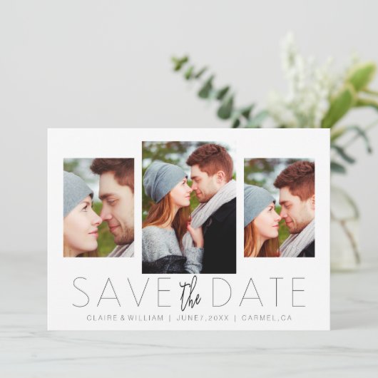 Moderne elegante Foto Collage Save the Date Karte (Stehend Vorderseite)