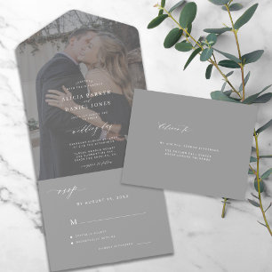 Moderne elegante Foto-Grau-Holzkohle-Hochzeit RSVP All In One Einladung