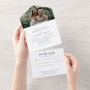 Moderne elegante Foto-Hochzeit Marineblau Schrift All In One Einladung