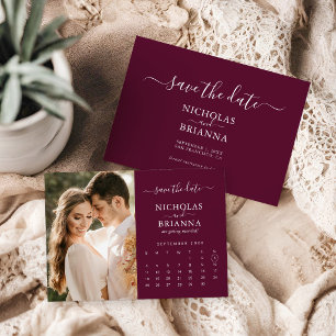 Moderne elegante Foto-Kalender Burgunder Hochzeit Save The Date
