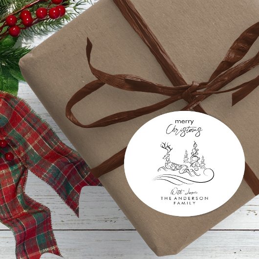 Moderne Elegante Frohe Weihnachtsbaum und Rentier Runder Aufkleber