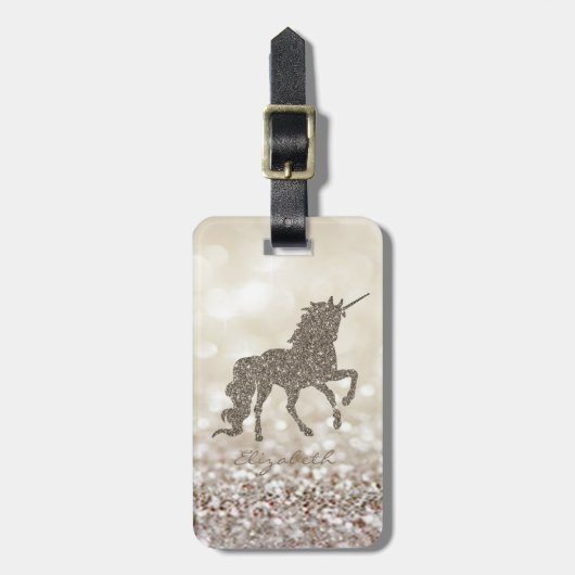 Moderne Elegante Girly, Gold Glitzer Unicorn Gepäckanhänger (Vorderseite vertikal)