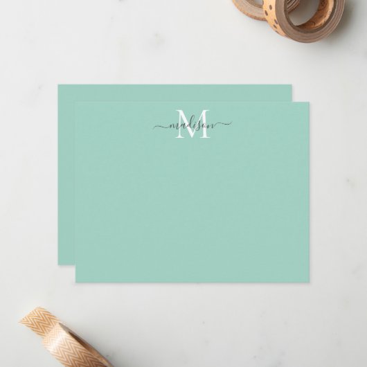 Moderne elegante Girly Script Monogram Mint Green Mitteilungskarte (Vorderseite/Rückseite Beispiel)