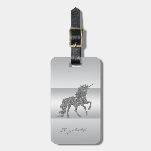 Moderne Elegante Girly, Silver Glitzer Unicorn Gepäckanhänger (Vorderseite vertikal)