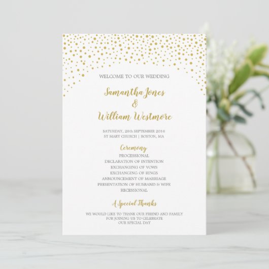 Moderne Elegante Gold Confetti Wedding Programm (Stehend Vorderseite)