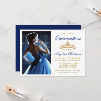 Moderne Elegante Gold Crown Royal Blue Quinceanera Einladung