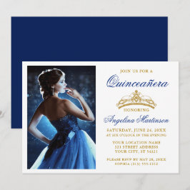 Moderne Elegante Gold Crown Royal Blue Quinceanera Einladung