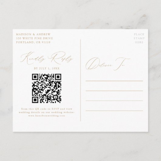 Moderne, elegante Gold QR Code Hochzeit Einladungspostkarte (Rückseite)