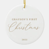 Moderne elegante Gold Script Baby's First Christma Keramik Ornament (Vorne)