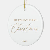 Moderne elegante Gold Script Baby's First Christma Keramik Ornament (Links)