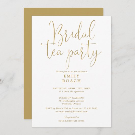 Moderne Elegante Gold Script Bridal Tea Party Dusc Einladung (Vorne/Hinten)