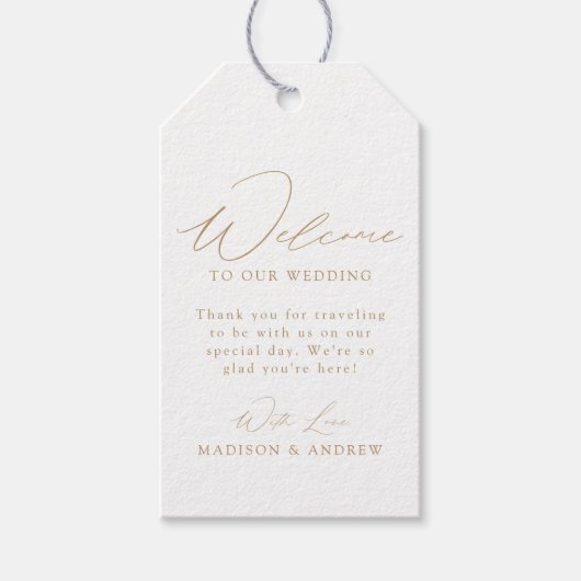 Moderne, elegante Gold Script-Hochzeit Willkommen Geschenkanhänger (Vorderseite)