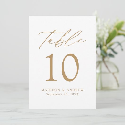 Moderne elegante Gold Script-Hochzeitsskripte-Tisc (Stehend Vorderseite)