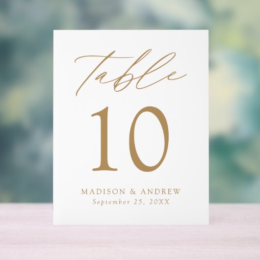 Moderne elegante Gold Script-Hochzeitsskripte-Tisc Acrylschild (Neutral)