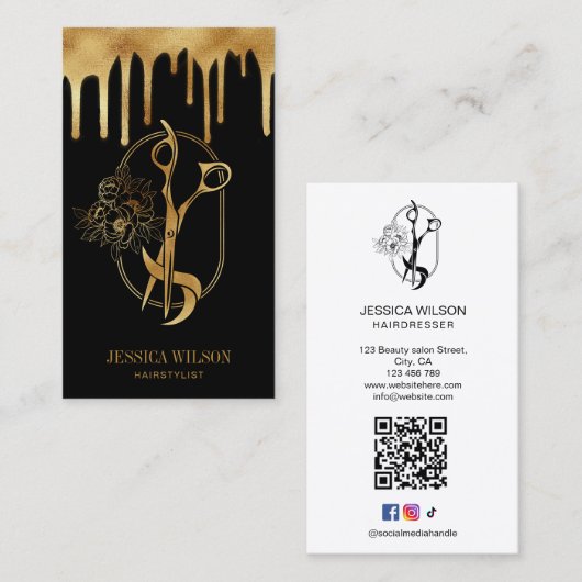 Moderne elegante Gold Tropfen Friseurschere Visitenkarte (Vorne/Hinten)