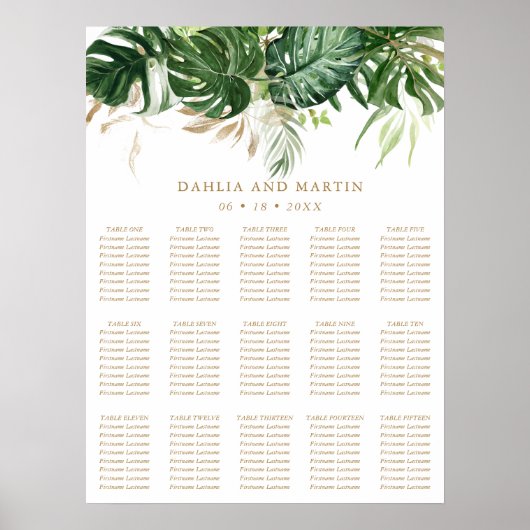 Moderne elegante Gold Tropical Wedding Seating Cha Poster (Vorne)