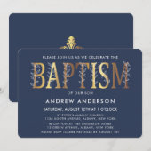 Moderne elegante Gold- und Navy-Blue-Taufe Einladung (Vorne/Hinten)