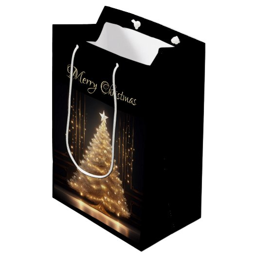 Moderne Elegante Gold Weihnachtsbaum Mittlere Geschenktüte (Vorderseite Schrägansicht)