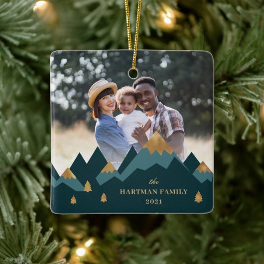 Moderne Elegante Goldberge Foto Weihnachten Keramikornament (Baum)